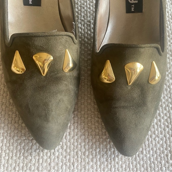 Proxy Olive Green Suede Pumps Embellished Gold Nuggets, Made in Spain, Size 9.5 - Picture 2 of 5